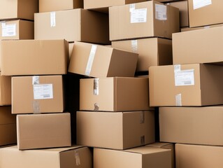 Fototapeta premium A neatly stacked pile of colorful boxes ready for shipping or storage in a warehouse setting