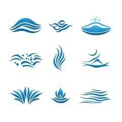 Minimalist water droplet and wave icons in blue design