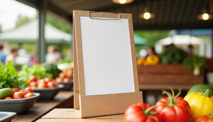 Corrugated cardboard flyer holder at a farmer's market stand with vibrant organic produce, promoting healthy eating concepts.