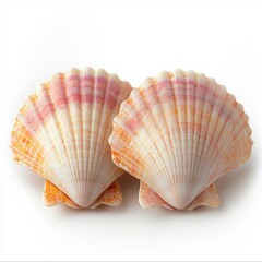 Obraz premium Two intricately patterned scallop shells, adorned with delicate pink and orange hues, elegantly displayed on a pristine white backdrop, capturing the essence of coastal beauty.