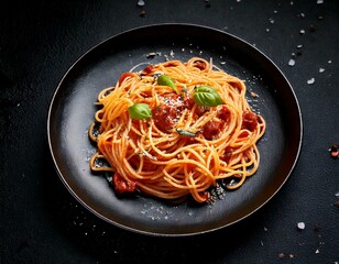 Spaghetti Perfection, Classic Italian Flavors on a Deep, Dark Plate