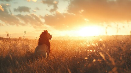 Majestic lion sitting in golden sunset grasslands watching the horizon