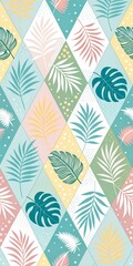 Seamless Tropical Pattern With Palm Leaves, Monstera, And Abstract Geometric Shapes In Soft Pastel Colors. Modern Botanical Design For Wallpapers, Textiles, Branding, And Summer-Themed Creative 