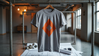 Fototapeta premium Realistic photo of a heather gray vintage t-shirt with geometric designs hanging on an industrial metal frame, modern design concept in a stylish environment.