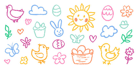 Crayon Pencil Colorful Easter Squiggles Vector Set. Chalk Scribble Spring Shapes Collection. Hand Drawn Brush Texture Holiday Flowers, Bunny and Eggs Squiggles. Pencil Childish Girly Charcoal Doodles