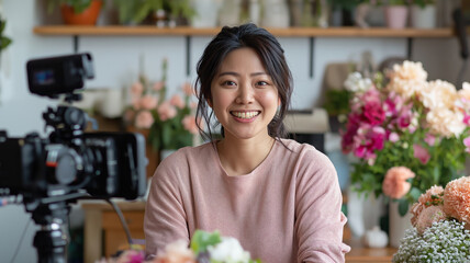 Young asian florist recording flower arrangement tutorial with professional camera, sharing creative skills through social media content