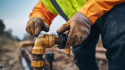 Gas worker tightening valve on weathered industrial pipeline, wearing protective gloves and bright safety jacket during maintenance procedure