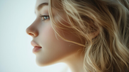 Fototapeta premium Profile side view of a beautiful woman, close-up view, white background