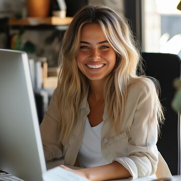 Girl Working with pc on bissness plan in office with smile, 