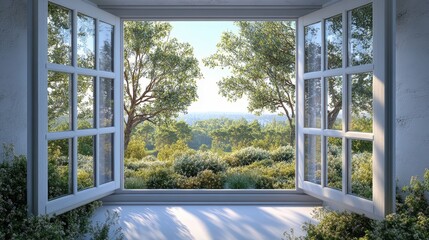 Scenic view through open window: lush trees and greenery in bright daylight