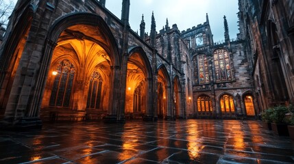 Fototapeta premium A gothic cathedral courtyard at twilight with towering arches, wet stone pavement, and glowing stained glass windows