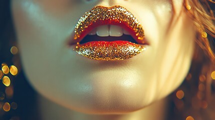 This close-up image features bold, glittering gold lips adorned with shimmering sparkles, perfectly showcasing a glamorous and artistic beauty style for stunning visuals.