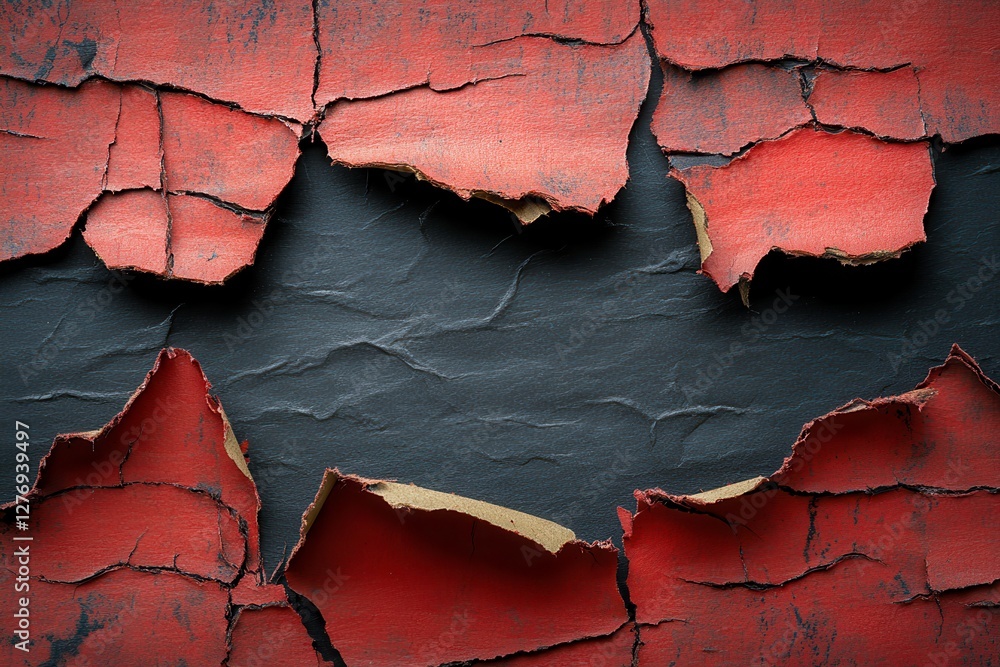Poster red torn paper edges reveal a black background with distressed texture for creative projects. genera