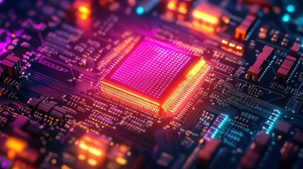 Obraz premium Glowing microchip on circuit board with vibrant neon lights and complex design