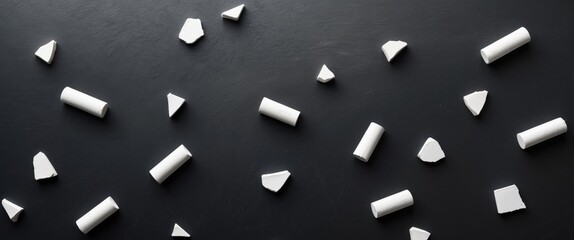 White Chalk Pieces on Black Chalkboard Surface with Blank Space for Creative Text or Design Elements.