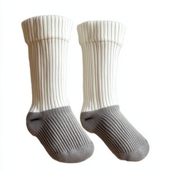 Pair of soft, knitted knee-high socks in white and gray, perfect for winter warmth and adding a stylish touch to any casual or sporty outfit.
