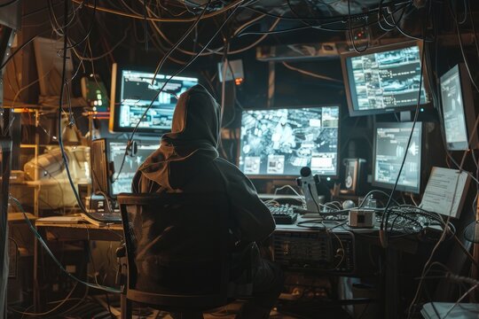 Dangerous hooded hacker infiltrating government servers in a dark cyber hideout with virus attack in progress