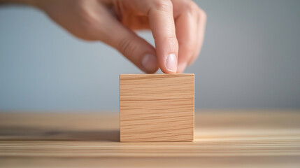 Hand carefully positioning wooden block, representing strategic planning and calculated decision making