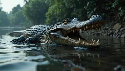 Obraz premium A hyper-realistic image of a crocodile lurking just beneath the water, with only its head breaking the surface