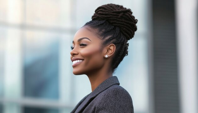 Stylish African American Businesswoman With Afro Braids Exuding Confidence While Standing By Building And Smiling, Gazing In The Distance. - Powered by Adobe