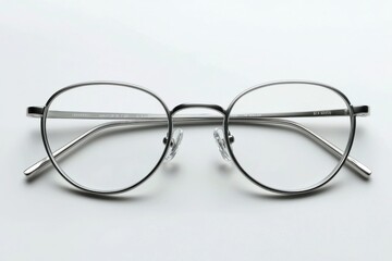 Close-up shot of modern silver eyeglasses with round lenses on a white surface, providing a clear and detailed view of the stylish eyewear design for vision correction.