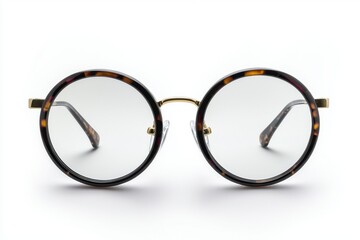 Elegant round eyeglasses with tortoise shell frames and gold accents, displayed against a clean white backdrop offering a clear and stylish vision accessory.