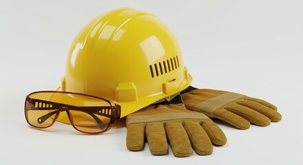 Essential Yellow Safety Gear Still Life on White - Hard Hat, Protective Eyewear and Work Gloves for Construction and Industry.