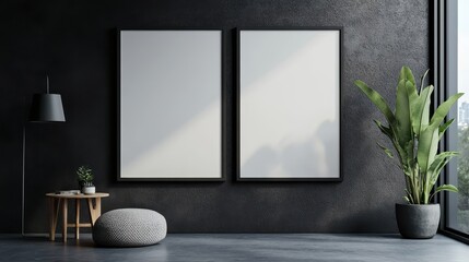 Modern living room with blank frames and green plant