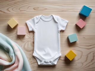 Mockup of White Baby Bodysuit on Wood Background with Colorful Toy Blank Baby Clothes Template