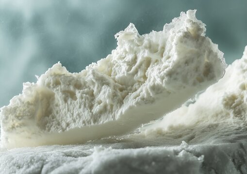 white, fluffy substance resembling finely grated cheese or a light, airy powder. The texture appears soft and powdery, suggesting it could be a form of powdered material or a finely shredded cheese. T