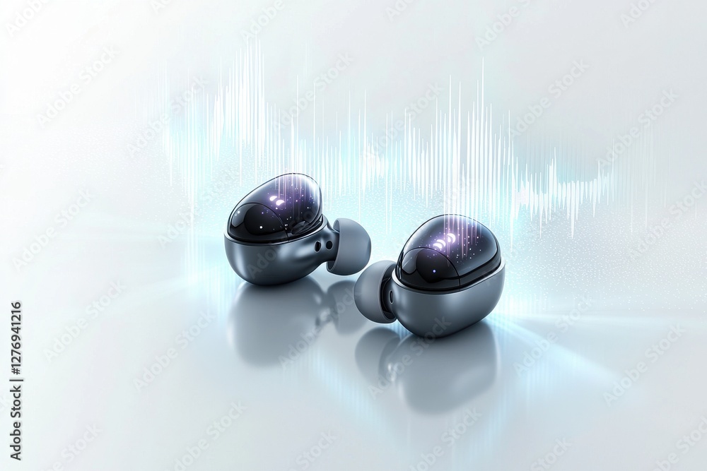Poster a stunning visual of wireless earbuds featuring an advanced sound quality visualization with cosmic 