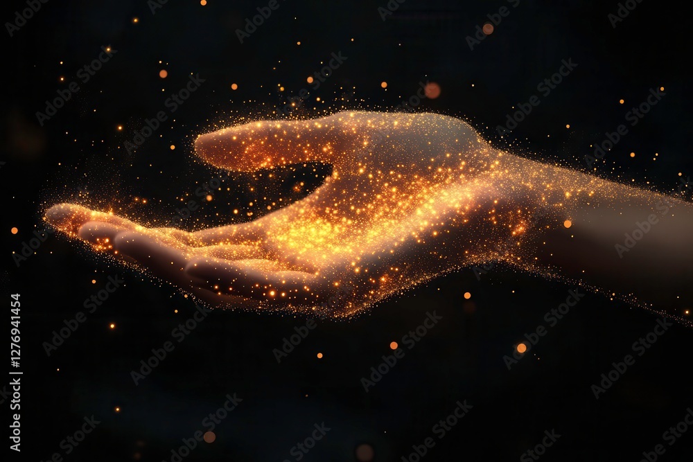 Poster hand with golden particles creating a mesmerizing geometric art design. generative ai