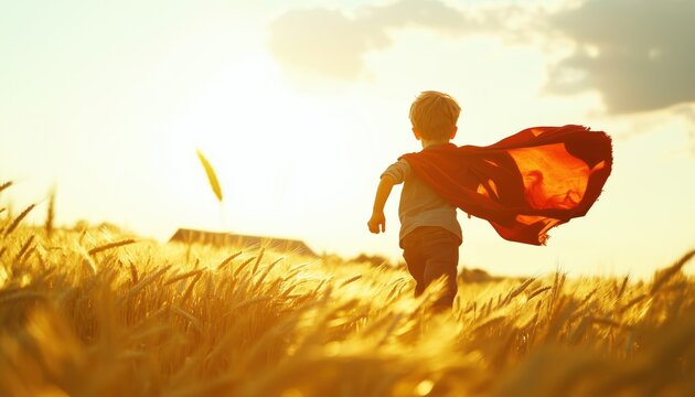 Happy Field Kid Playing With Superheroes In A Wheat Field. Child And Boy Engage In Playful Interaction With Superhero Among Sunlit Wheat.