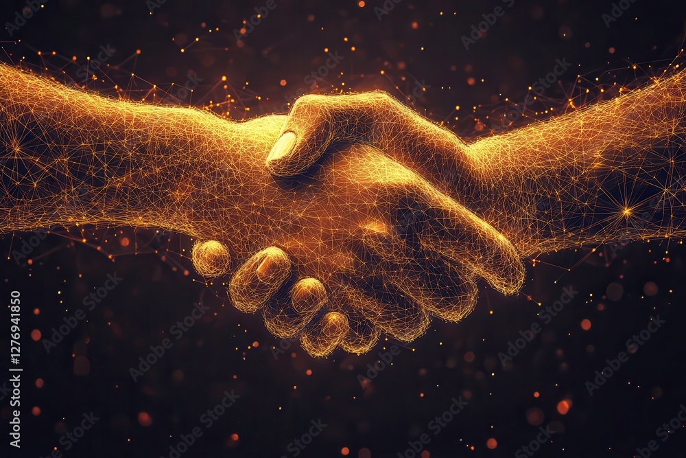 Poster particles and geometric art illustrate a handshake representing connection and relationships. genera