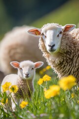 Obraz premium Sheep in flower grass field in Spring.