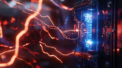Futuristic Energy Core &ndash; Sci-Fi Electric Power Transfer with Glowing Plasma Arcs on Advanced Circuit Board for AI, Quantum Computing & Cyberpunk Aesthetics