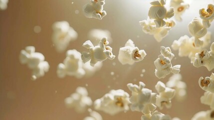 Popcorn kernels bursting, freshly popped popcorn suspended in mid-air against a beige background