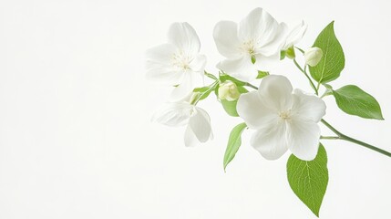 Fototapeta premium Delicate white blossoms with green leaves on a soft background