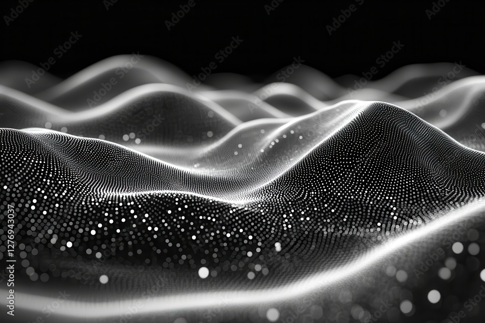 Poster surfaces are formed by countless particles, creating smooth, flowing waves of geometric art