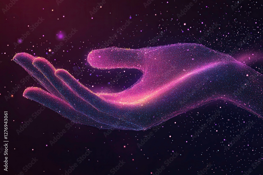 Aufkleber abstract geometric art of a hand extended with particles on a cosmic background. generative ai