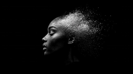 A powerful artistic representation of a human profile, conveying emotions through an abstract dispersion, symbolizing thoughts and identity fragmentation.
