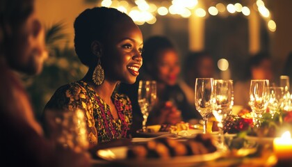 Elegant African Woman Enjoying Dinner Party With Friends In High Society Setting, Soft Focus And Film Grain Aesthetic.