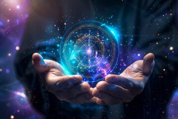 Person holding glowing zodiac wheel in hands hands surrounded by cosmic energy and starry lights. Concept of astrology, esoteric horoscope and future prediction