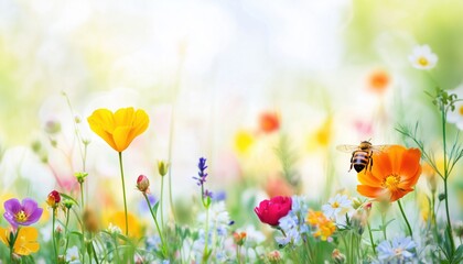 Vibrant Meadow Flowers And Busy Bee Against A Bright White Background: A Beautiful Scene Of Nature'S Bounty And Activity.