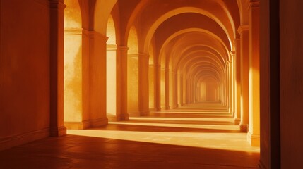 Fototapeta premium Serene Architectural Hallway with Warm Light and Shadows in Arches