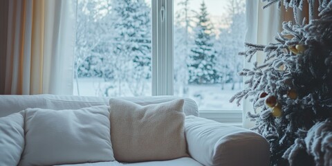 Charming winter living room with a white couch and a Christmas tree in the background.