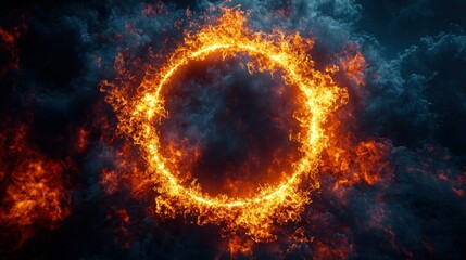 Fototapeta premium Fiery ring frame against dramatic storm clouds