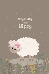 Greeting card with a cute sheep. Wishes to be happy.