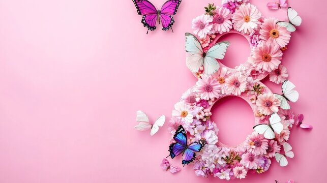 International Women's Day 8 of march. Banner, flyer, beautiful postcard for March 8. Flowers and butterflies in the shape of the number eight on a pink background