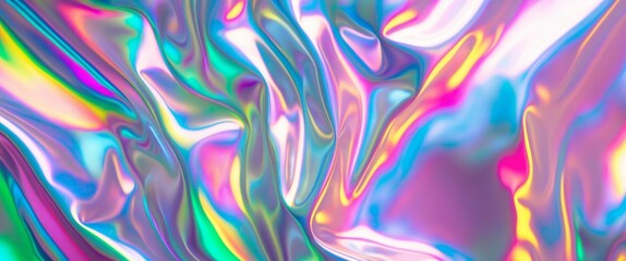 Fototapeta premium Iridescent holographic wavy foil creates a colorful texture background.